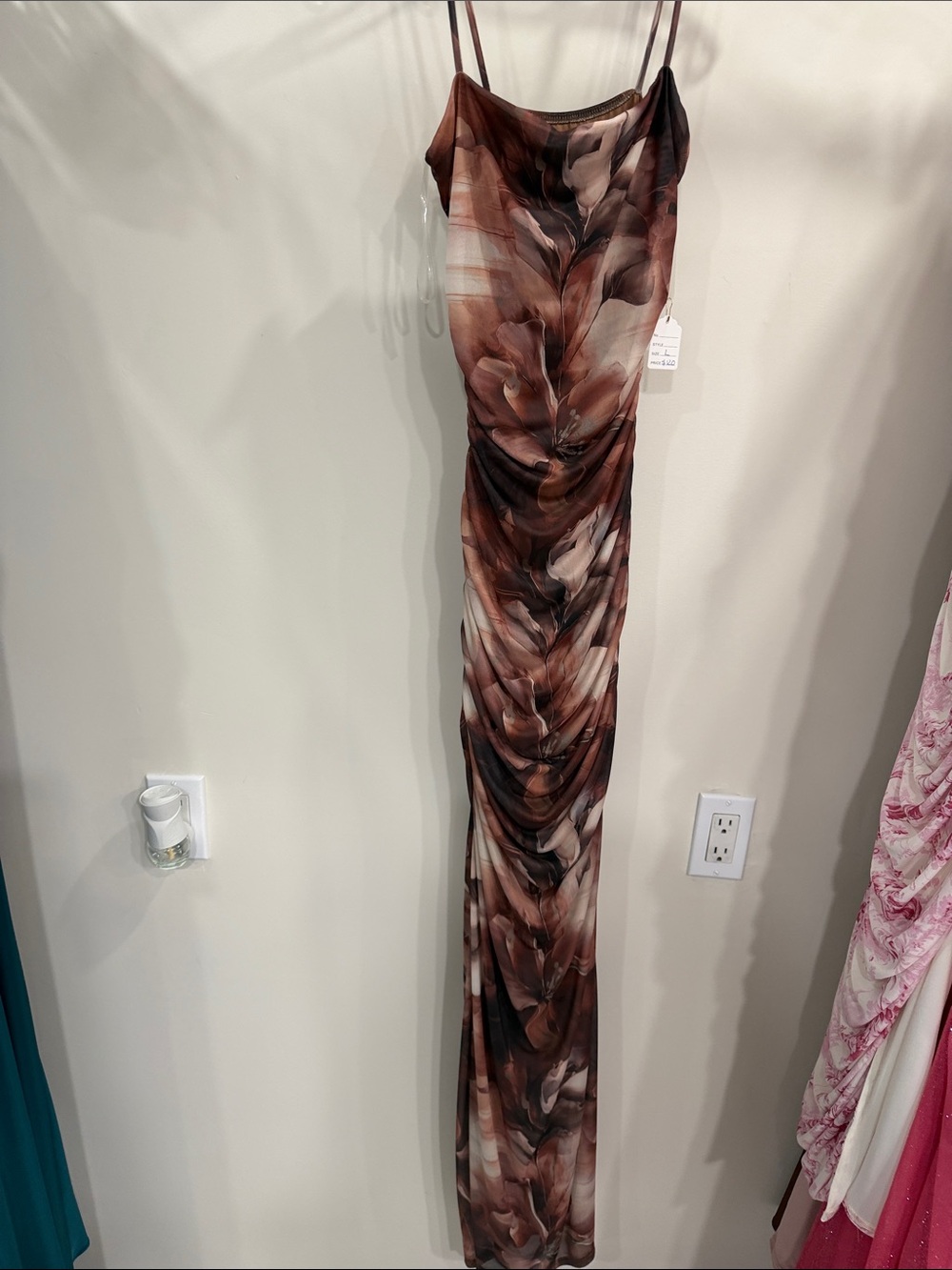 Brown Marble-Print Slip Maxi Dress with Cowl Neck
